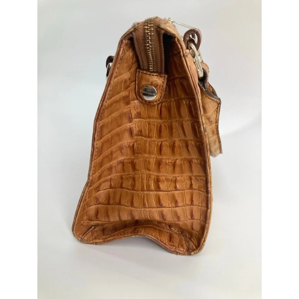 Brahmin Pecan Croc Embossed Leather Satchel Handbag Tan Zip Top Small Tote
